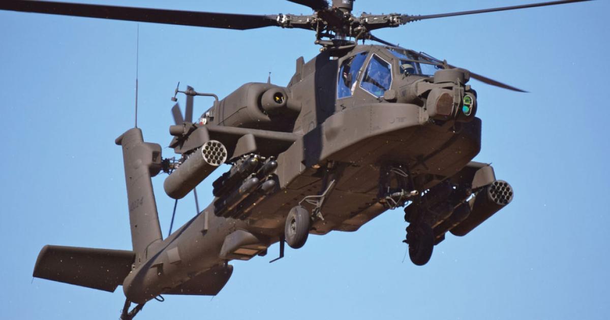An AH-64E flying in Arizona, close to the factory at Mesa, where it is produced by Boeing.  