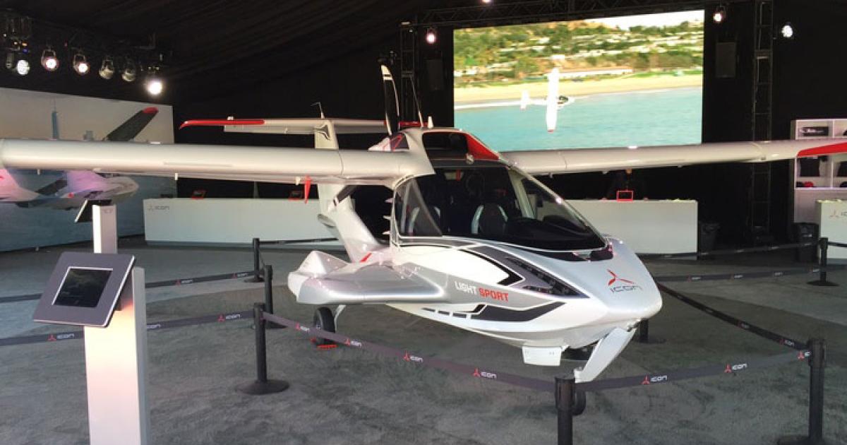 Icon A5 S/N 1, which the company is using for tours and demonstrations, is on display at its stand. (Photo: Chad Trautvetter)