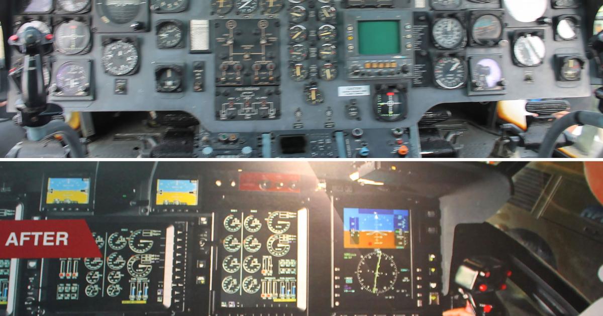 The old cockpits of Malaysia’s S-61A-4s, top, will be upgraded by AIROD and MRO partner Heli-One. Bottom, an illustration by AIROD of the envisioned cockpit upgrade. (Photos: Chris Pocock)