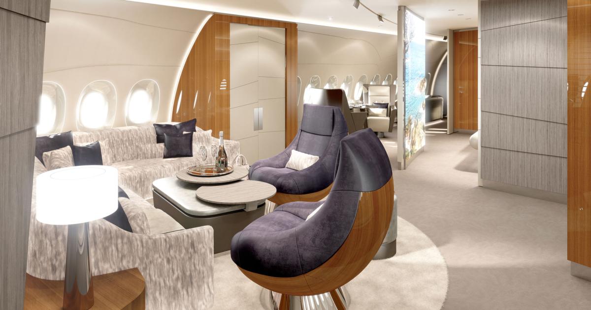 Lufthansa Technik’s “Home” interior concept starts with the realization that passengers on VIP Airbus A350s have a lifestyle that combines family travel with business. The cabin is set up to be flexible for both.
