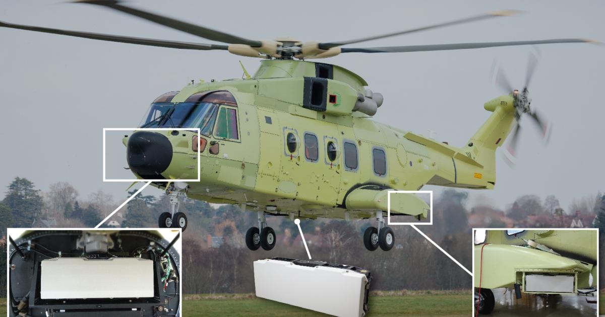 The three flat-panel antenna locations for the Osprey radar on the AW101 helicopter are indicated here. (photo: Finmeccanica) 