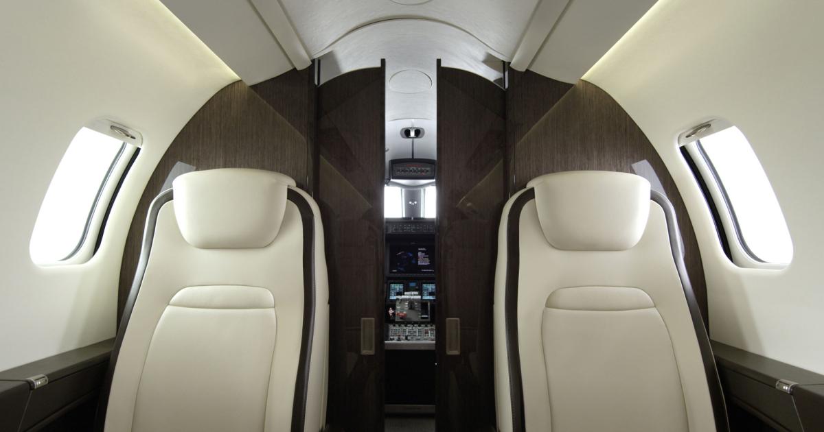 The cabin of Bombardier’s light Learjet 75 can now have the look and feel of a much larger aircraft with the new option of a pocket door separating the cockpit and galley from the rest of the cabin. Besides adding privacy, it also reduces noise by up to 8 dB.