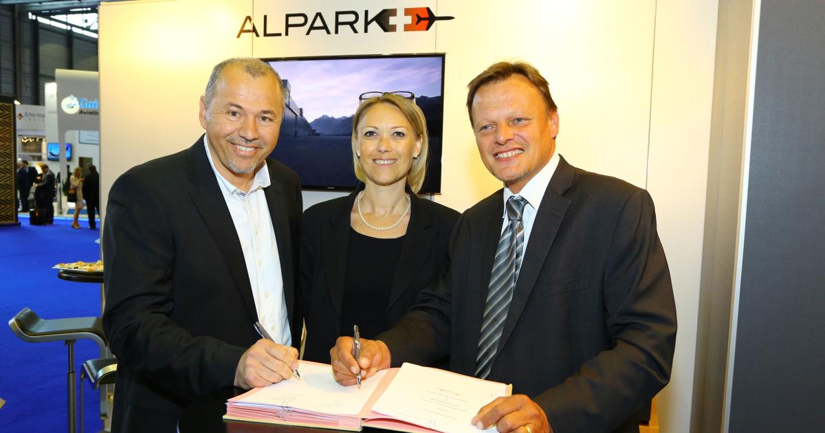 Here at EBACE (l-r) Aerocampus director general Jérôme Verschave, Sion Airport director Aline Bovier Gantzer and Alpark managing director Michel Seppey sign the agreement for maintenance training at the airport.