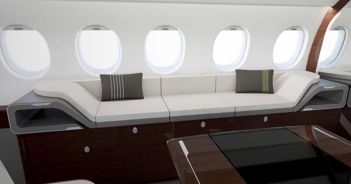 A credenza morphed into a divan may help a 12-year Falcon interior look more modern, Dassault Falcon Service suggests.