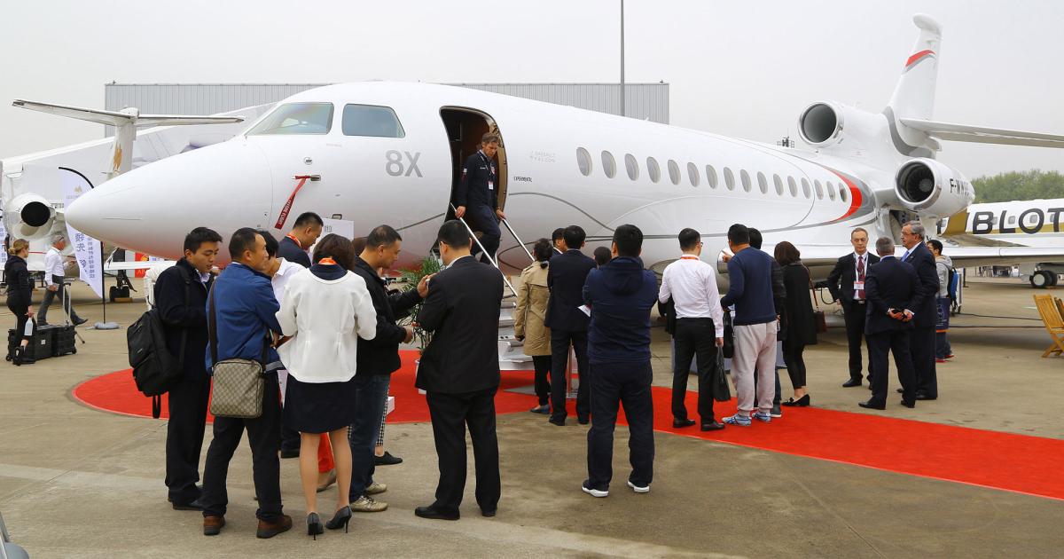 Paris, New York, Abu Dhabi and Shanghai were the ports of call for Dassault’s Falcon 8X demonstrator. Shown here at the ABACE show in China, the trijet is expected to boost Dassault’s business jet revenue when it enters service. Photo: Dave McIntosh