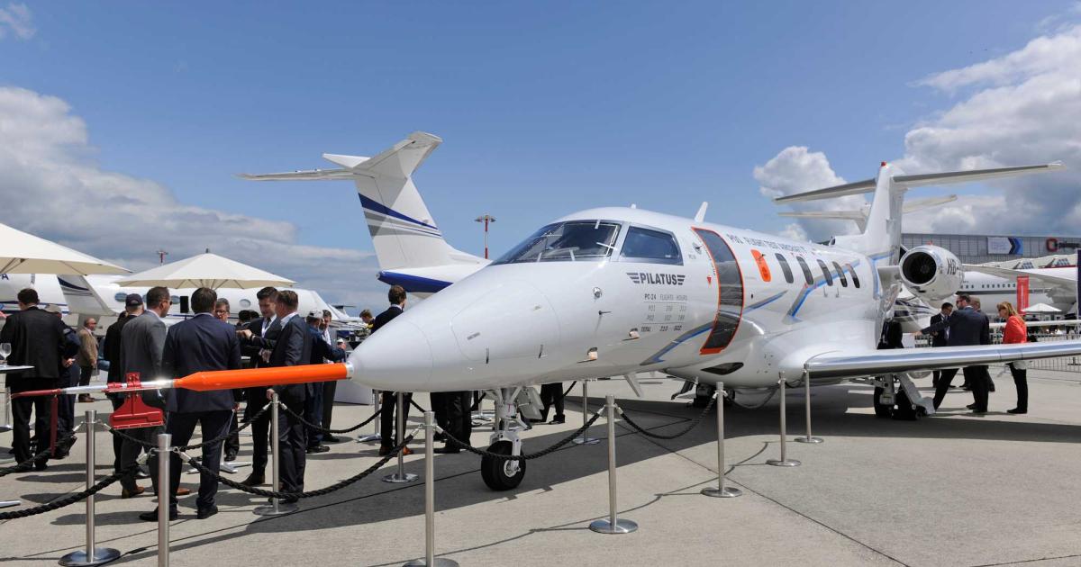 The Pilatus PC-24 made a one-day appearance today in Geneva at EBACE. Pilatus's first jet prototype took a 24-hour break from an intensive flight test program to assume a starring role on the static display at the show. (Photo: Mark Wagner)