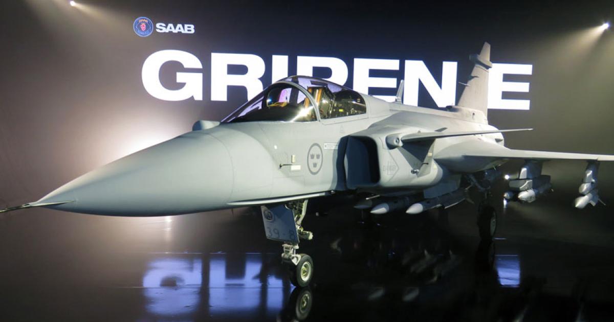 The first Gripen E was shown at its May 18 roll-out loaded with the Meteor air-to-missile and GBU-39 small diameter bomb (Photo: David Donald)