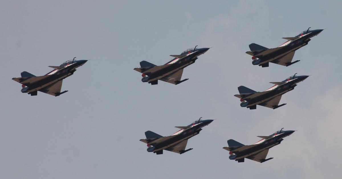 J-10 fighters from China’s aerobatic display team. A new version will enter service soon. (Photo: Chris Pocock)