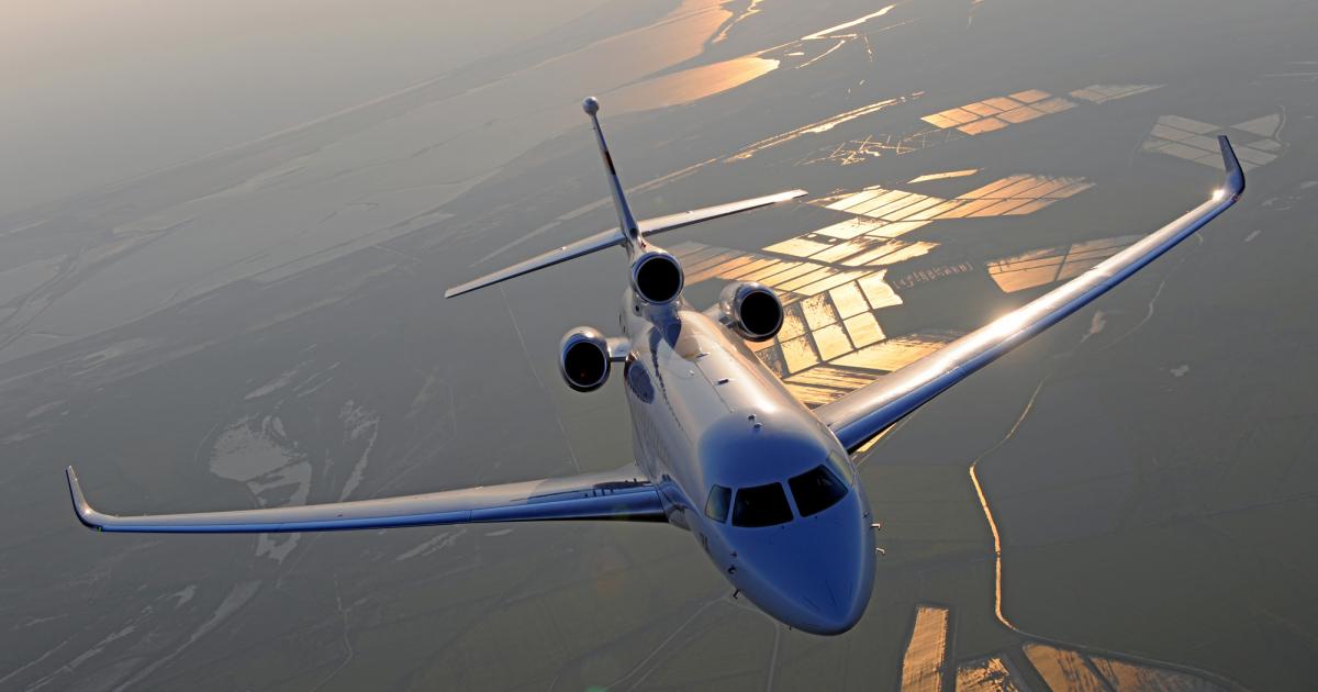 Dassault Aviation's new flagship, the 6,450-nm Falcon 8X, is now certified by the EASA, paving the way for service entry of the trijet early in the fourth quarter. U.S. FAA approval is pending. (Photo: Dassault Falcon)