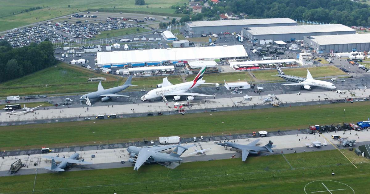 An aerial view of the static park and exhibition halls at this year’s ILA Berlin airshow. (Messe Berlin)
