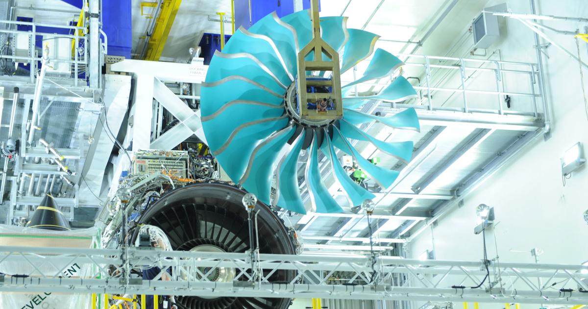 Performance analysis is under way on Rolls-Royce’s carbon-titanium fan at its Bed 61 in Berlin. The ongoing trials will effectively serve as back-to-back validation testing for comparison with titanium fan blades.
