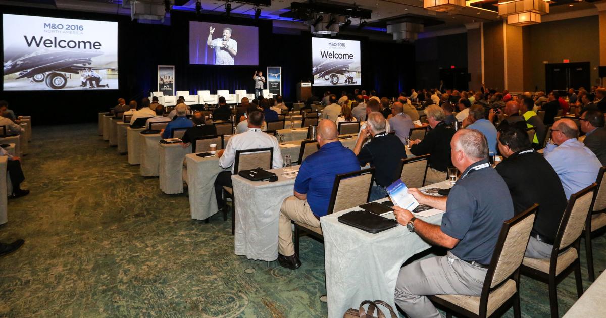 Attendees at Bombardier's 2016 M&O Conference in Fort Lauderdale, Florida, listen to surprise keynote speaker William Shatner on June 7. Shatner is a brand ambassador for the company and shared his passion for aviation and the importance of connectivity. (Photo: Bombardier Business Aircraft)