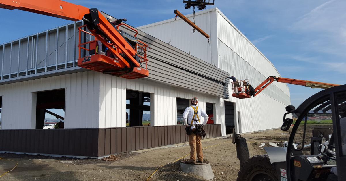 Meridian is preparing to open its new FBO in Hayward, Calif., in late September. The Teterboro, N.J.-based company said the structures for both hangar and terminal are now standing in Hayward, and the builders are working on the interiors. (Photo: Meridian)