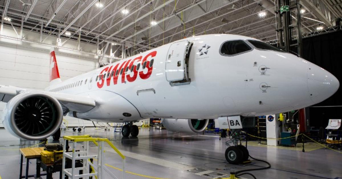The first production CS100 undergoes preparation for delivery to Swiss. (Photo: Bombardier)