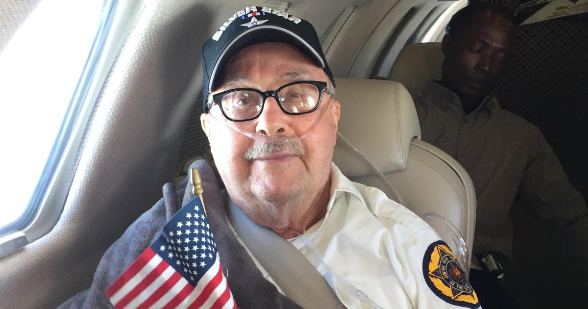 WWII vet Bernard I. Friedenberg travels to the WWII Museum in New Orleans in a CJ4 donated through the Veterans Airlift Command.