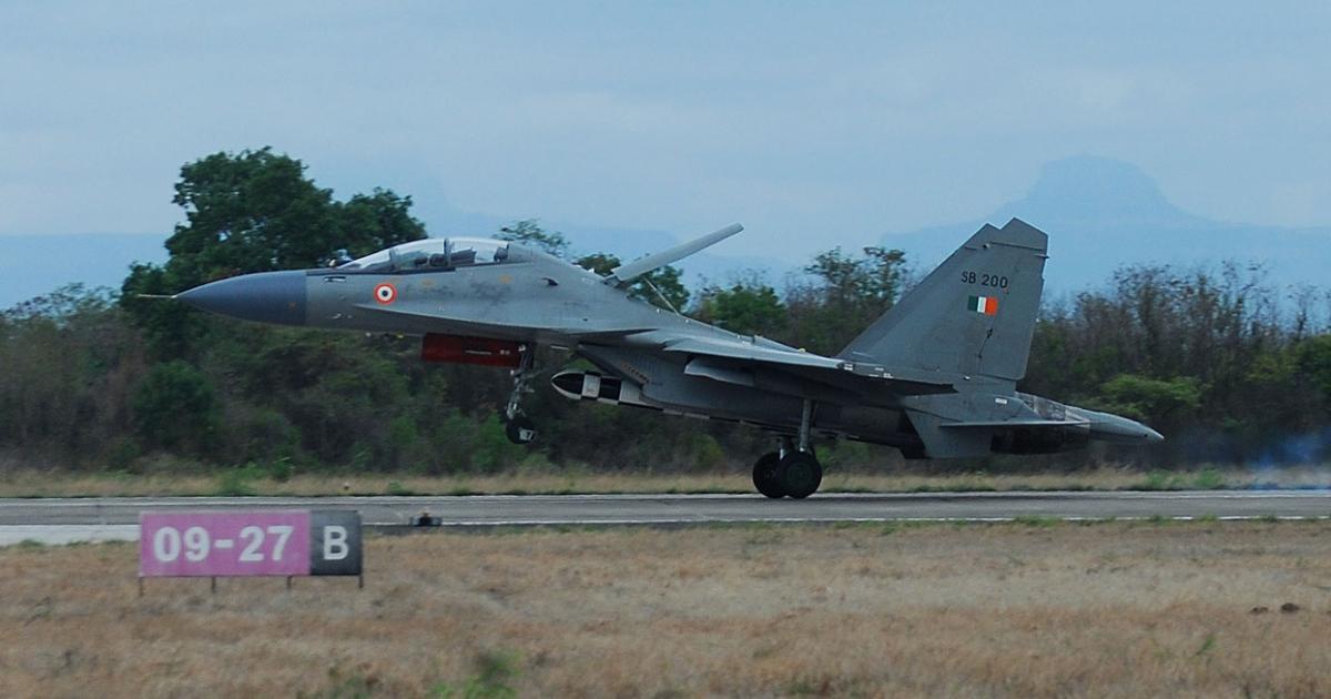 An Indian Air Force Su-30MKI takes off for the first time with a Brahmos cruise missile on a centerline station. (Photo: HAL) 