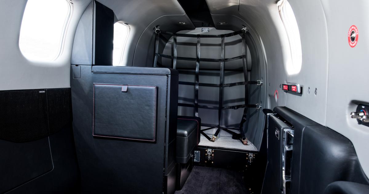 The “Elite Privacy” configuration integrates a lavatory area in the TBM’s aft fuselage. With the touch of a button, an electrically driven multi-segment partition with a door deploys for privacy. (Photo: Daher)