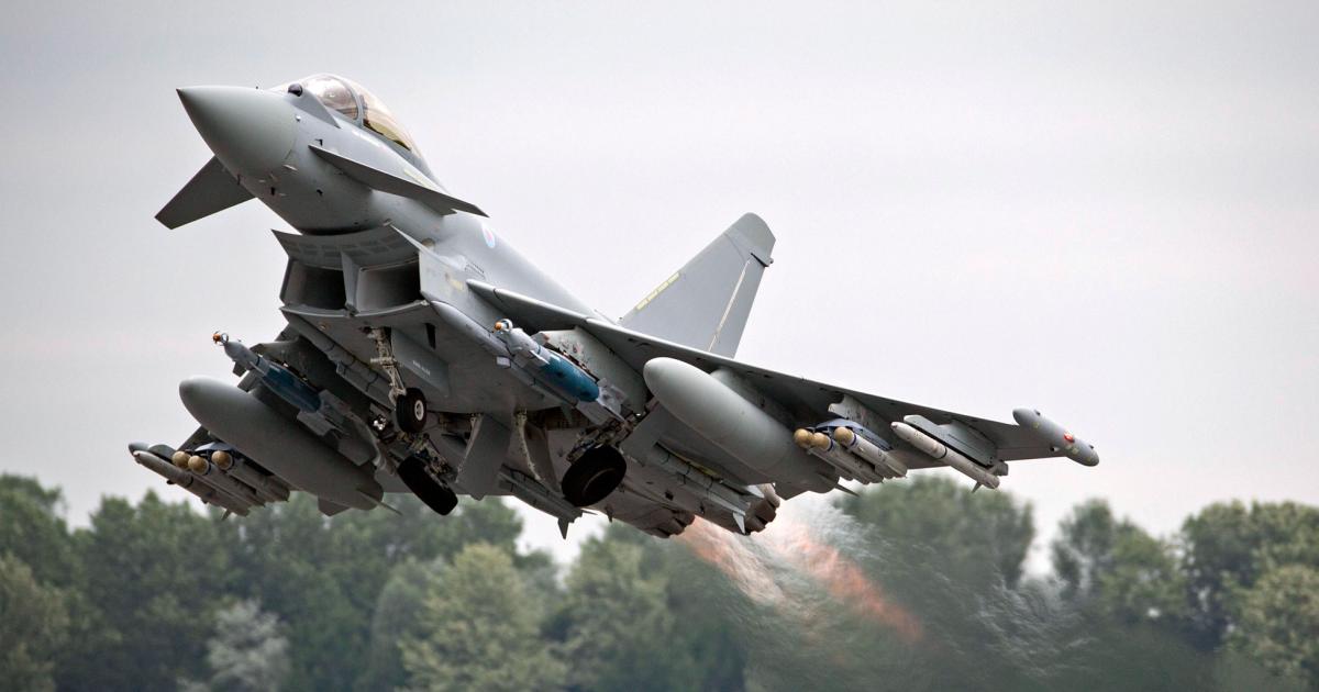 The Eurofighter Typhoon is shown here flying in a multirole configuration with Brimstone missiles and Paveway bombs, as well as Meteor and ASRAAM air-to-air missiles. 