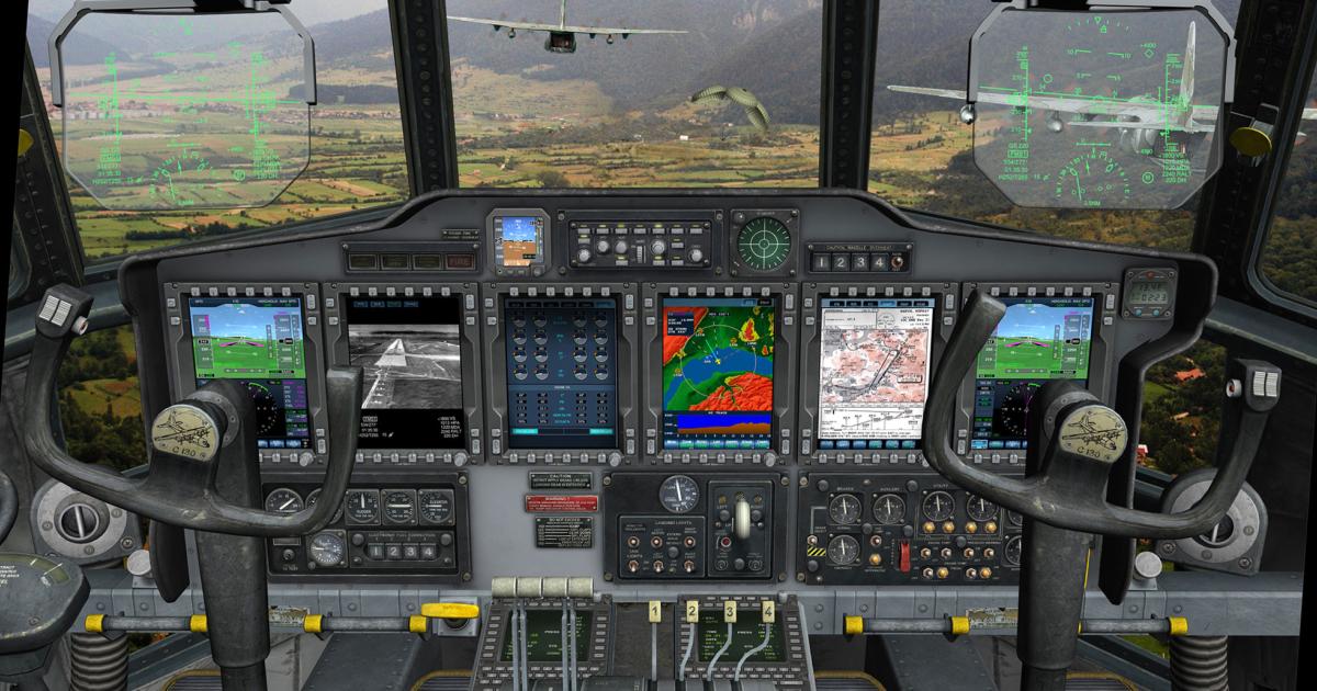 Elbit’s upgraded C-130 cockpit adds six large primary and multi-function screens, plus head-up displays providing flight and navigation symbology in 2D and 3D.