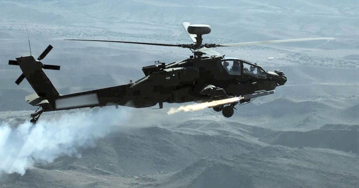 A Boeing AH-64E Apache attack helicopter test-fires an MBDA Brimstone missile during trials last month at Arizona’s Yuma Proving Ground. The Brimstone already is approved on a wide variety of airborne platforms.