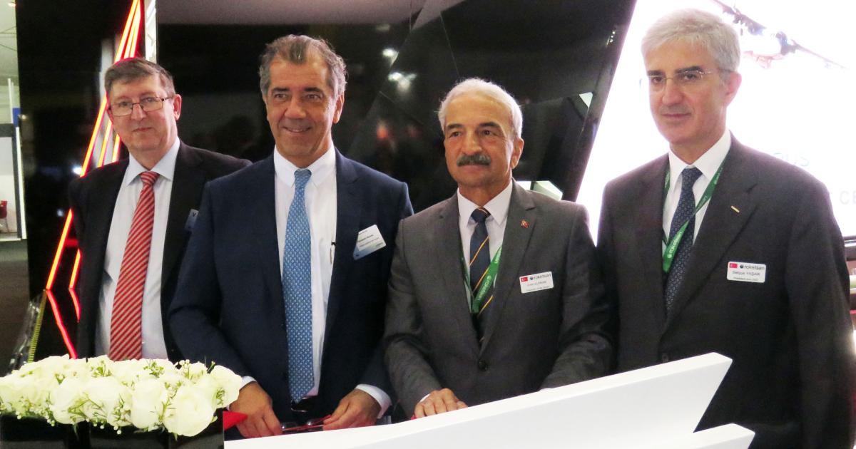 Signing the MoU yesterday were (from left): Rafael Tentor (Airbus DS head of light & medium), Fernando Alonso (Airbus DS executive v-p military aircraft), Emin Alpman (Roketsan chairman), Selcuk Yasar (Roketsan president and CEO)
