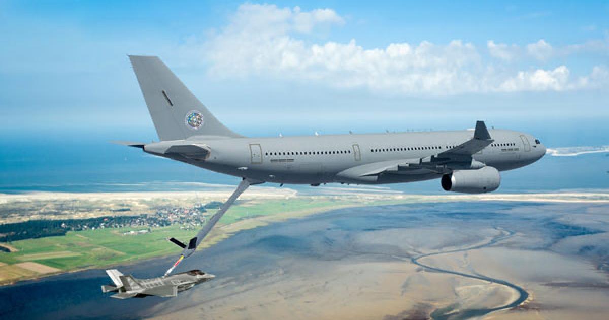 An artists’ impression of an A330MRTT from the future pooled European fleet refueling an F-35. (Airbus D&S)
