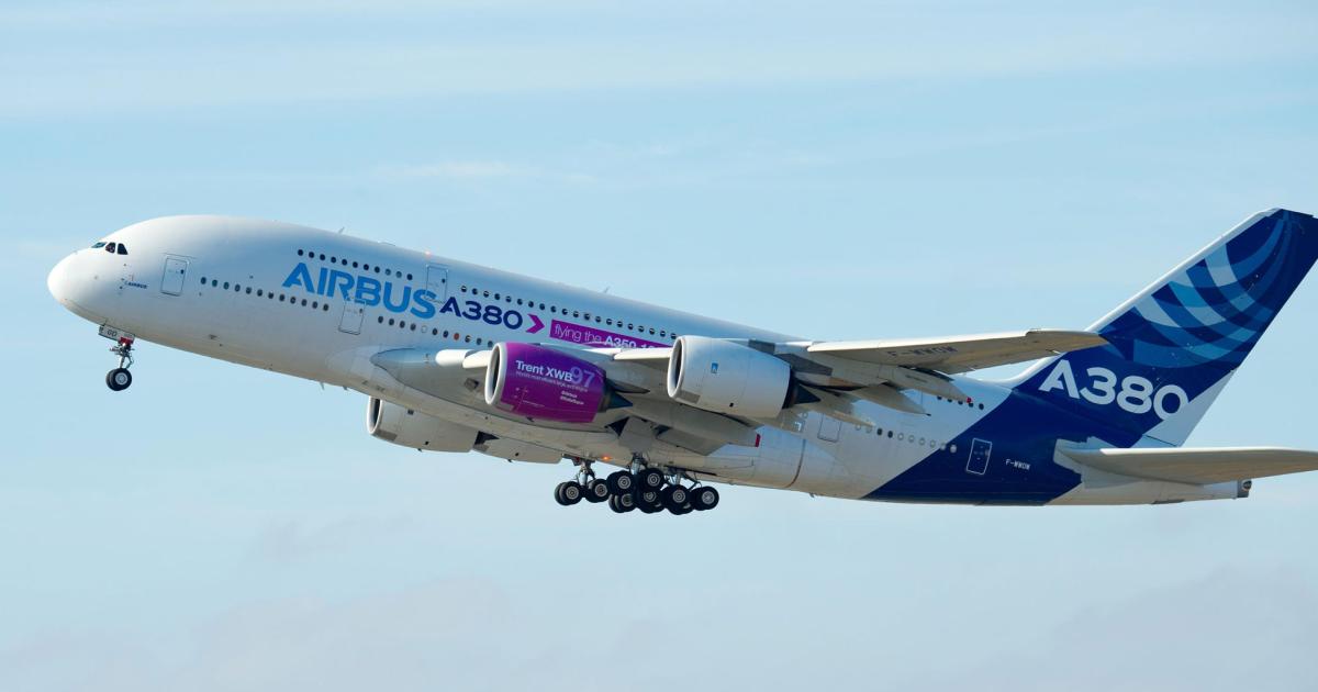 Rolls-Royce has been flight-testing the 97,000-lb-thrust Trent XWB-97 on this Airbus A380 testbed. Pictured is the engine’s first test flight in November 2015.