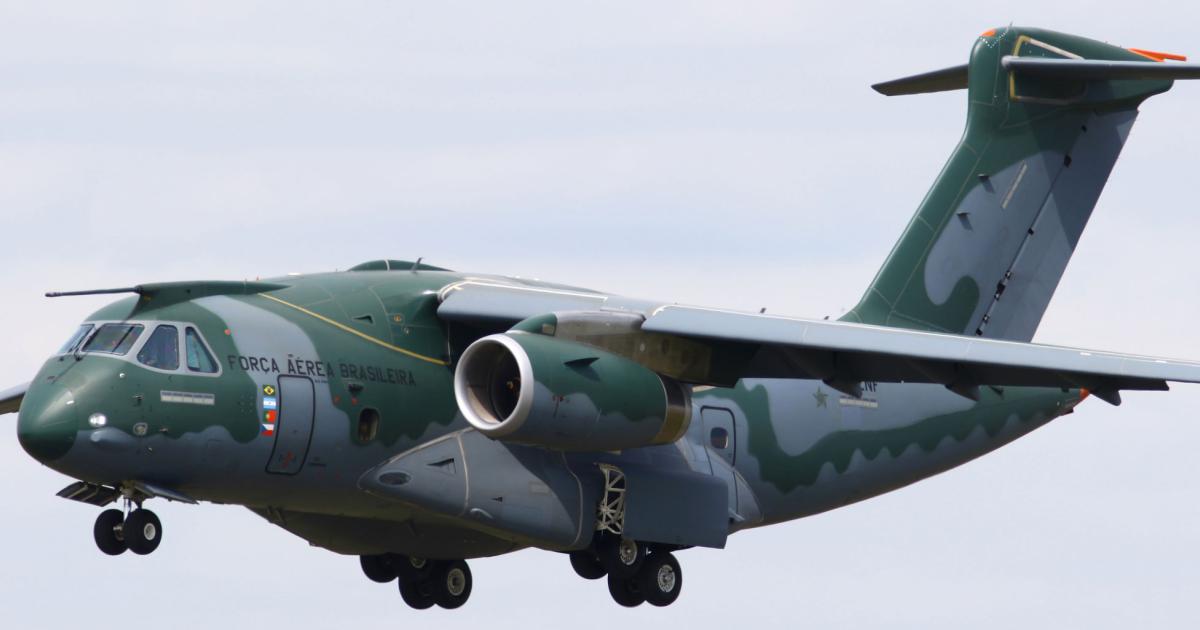 The prototype Embraer KC-390 multi-role military transport makes an approach to Farnborough in advance of the show’s opening. The type’s second airframe took to the air on its maiden flight in May.