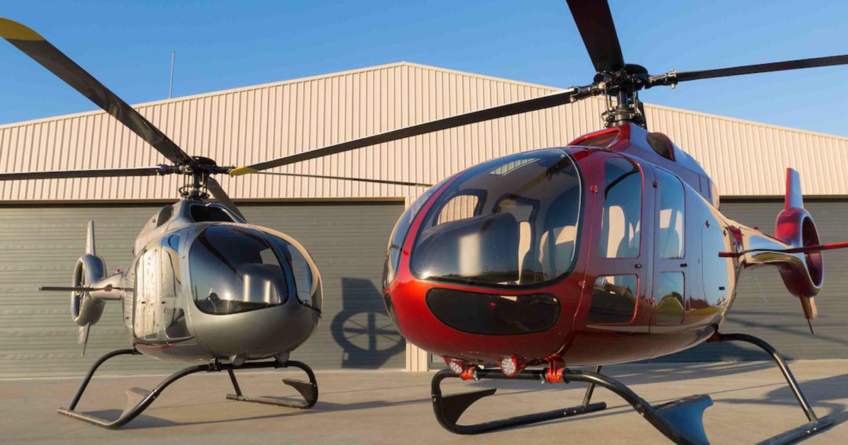 A fully conforming Composite Helicopters C630, left, is expected to fly later this year. The five-place, all-composite light-single helicopter is powered by a Rolls-Royce RR300 turboshaft. The company has, for now, shelved plans for a C650 utility version, right. (Photo: Innova Aerospace)