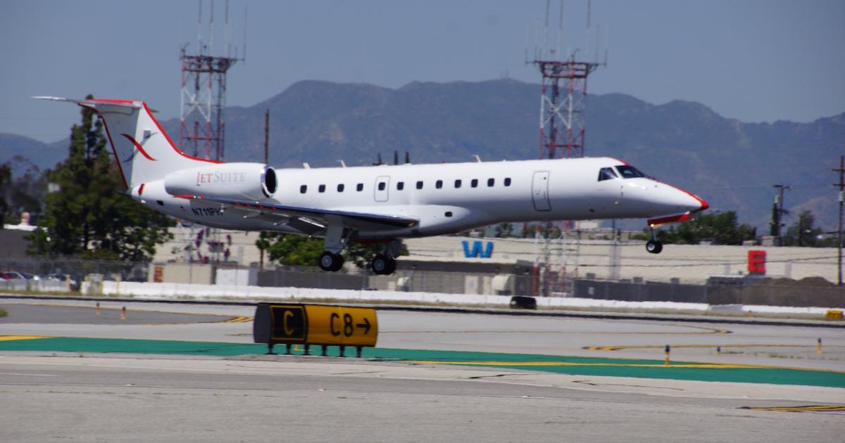 A JetSuiteX EMB-135 arrives at Burbank Bob Hope Airport, where passengers can now book a one-stop flight to Bozeman, Mont., via San Jose, Calif. (Photo: Matt Thurber)