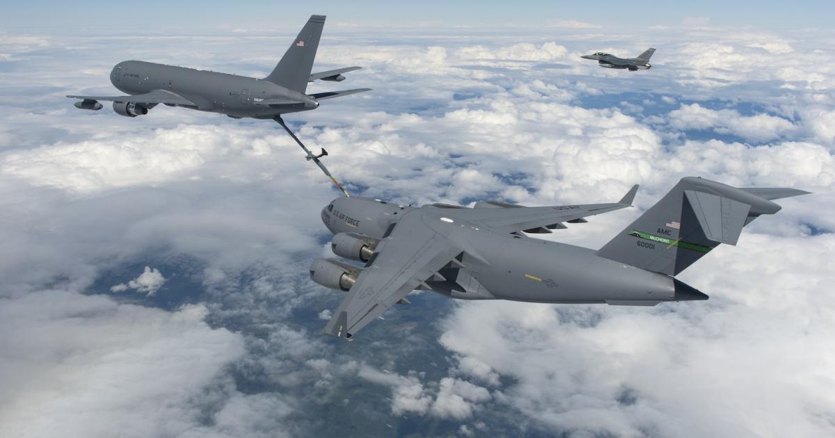 The KC-46A Pegasus successfully refuels a C-17 Globemaster III on July 12. (Photo: Paul Weatherman, Boeing)