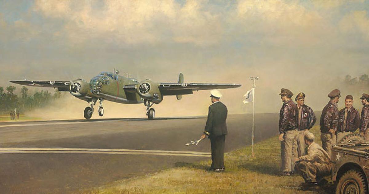 The Giclee canvas print "Release Your Brakes and Hunt For Heaven," by artist Williams S. Phillips will be given to one lucky AirVenture Oshkosh visitor. It depicts bomber training for the 1942 Doolittle raid and is worth more than $500.