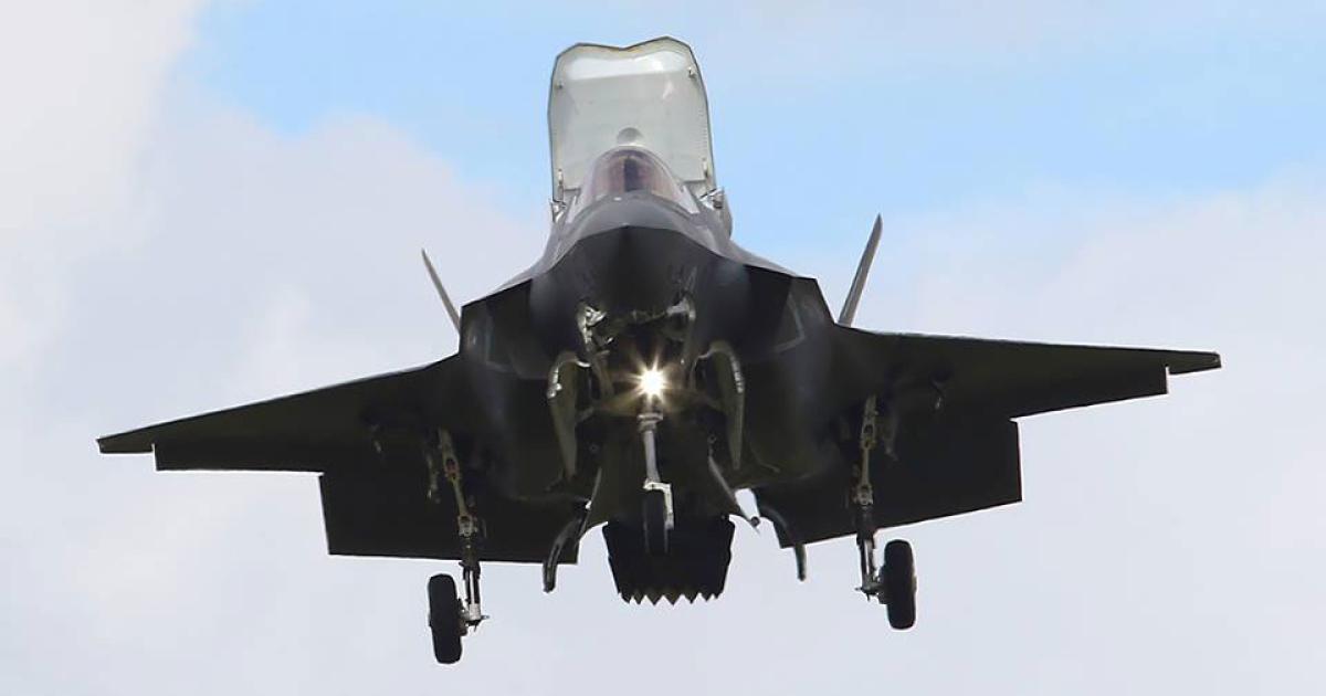 The STOVL version of Lockheed Martin’s F-35 made a short appearance at the Farnborough International Airshow, demonstrating its hover capability, but did not appear in the static display. (Photo: David McIntosh)