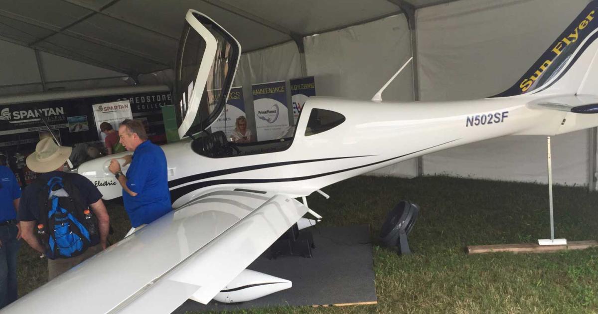 Aero Electric is showing the proof-of-concept prototype of its two-seat solar-electric flight trainer this week at EAA AirVenture. (Photo: Matt Thurber)