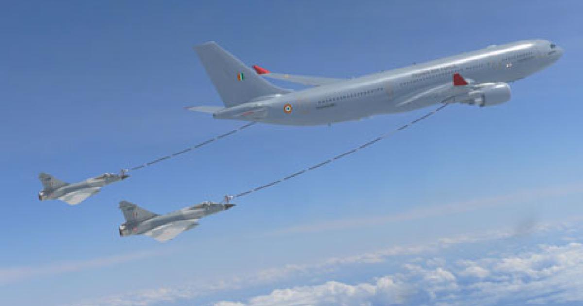 An artist's impression of an Indian Air Force A330MRTT refueling two Mirage 2000 fighters. (Airbus D&S) 