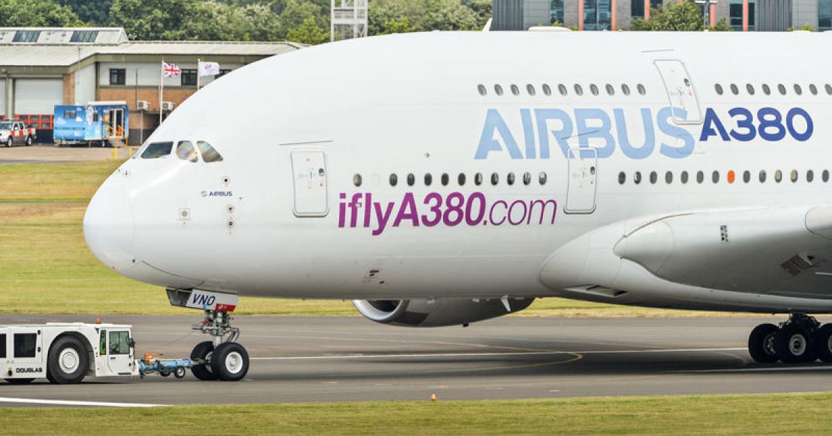 An Airbus A380 gets towed into position during last month's Farnborough Airshow. (Photo: Airbus)