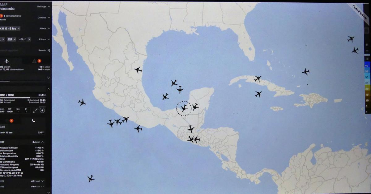 Panasonic’s proprietary Airmap display shows aircraft locations based on flight tracking through its satellite communications systems. [Photo: Panasonic Avionics]