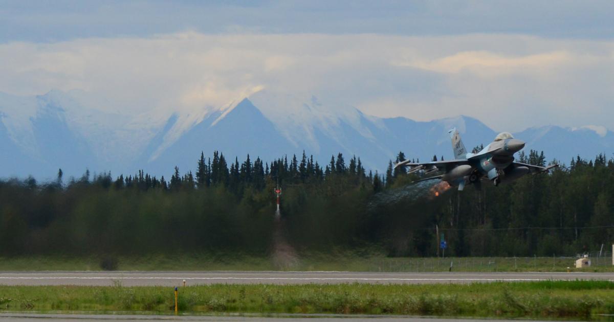 An F-16 with the 18th Aggressor Squadron takes off August 8 during Red Flag-Alaska. (Photo: U.S. Air Force)