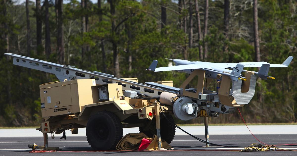 The RQ-21 Blackjack ordered by the U.S. Navy and Marine is shown on its launcher. (Photo: Pfc. Nicholas Baird, U.S. Marine Corps)