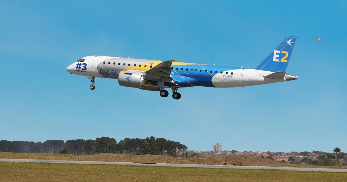 The third prototype of Embraer's E190-E2 airliner took off from São José dos Campos on August 27. [Photo: Embraer]