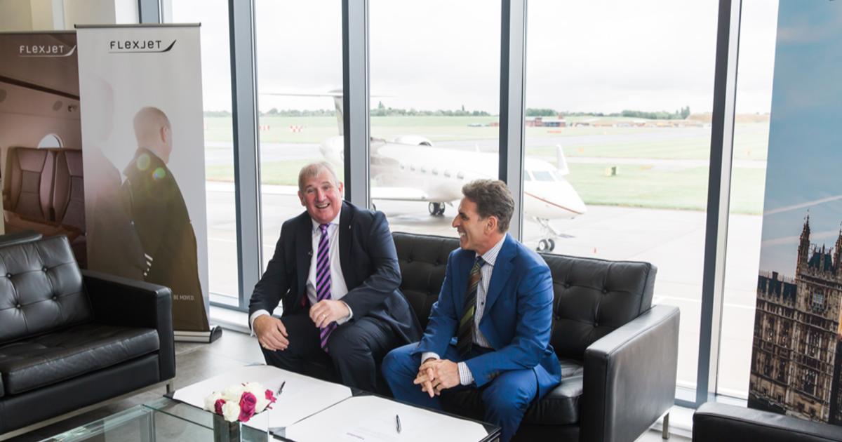 Marshall Aerospace and Defence Group CEO Steve Fitz-Gerald (left) and Flexjet chairman Kenn Ricci signed the deal today for the latter company's UK subsidiary to acquire UK charter management firm FlairJet. Flexjet will operate point-to-point service in Europe via FlairJet's air CAA-issued operator certificate. (Photo: Flexjet)