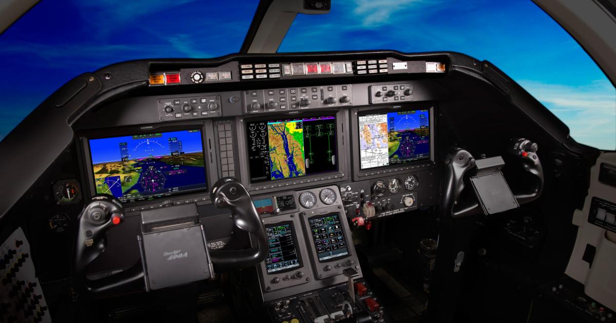 The G5000 retrofit system for the Beechjet 400A/400XP features three 12-inch flight displays, dual touchscreen display controllers, integrated autopilot, TAWS, ADS-B and weather radar. Capabilities include electronic charts, synthetic vision, PBN/RNP 0.3 with LPV/APV approaches, vertical navigation and flight level change modes. (Photo: Garmin)