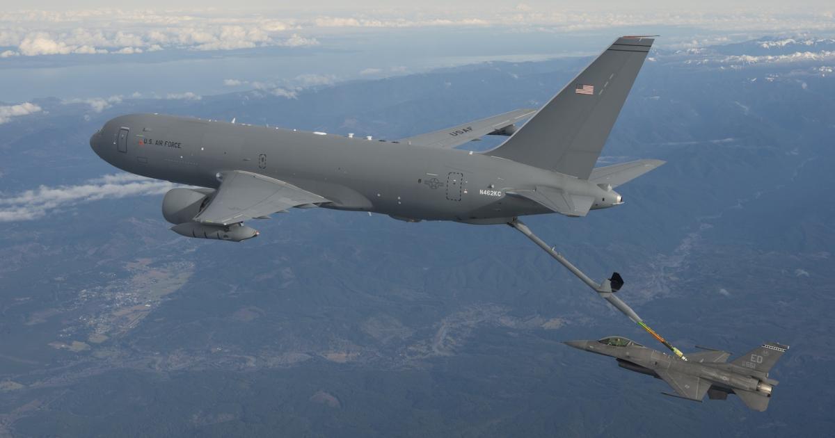 KC-46A tanker is shown refueling an F-16 fighter before Milestone C decision to begin production. (Photo: Boeing)