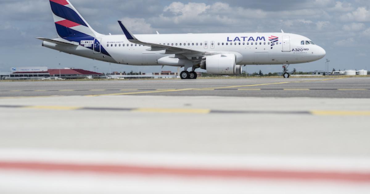 The first Latam Airbus A320neo taxis at Toulouse Blagnac Airport in France. (Photo: Airbus)