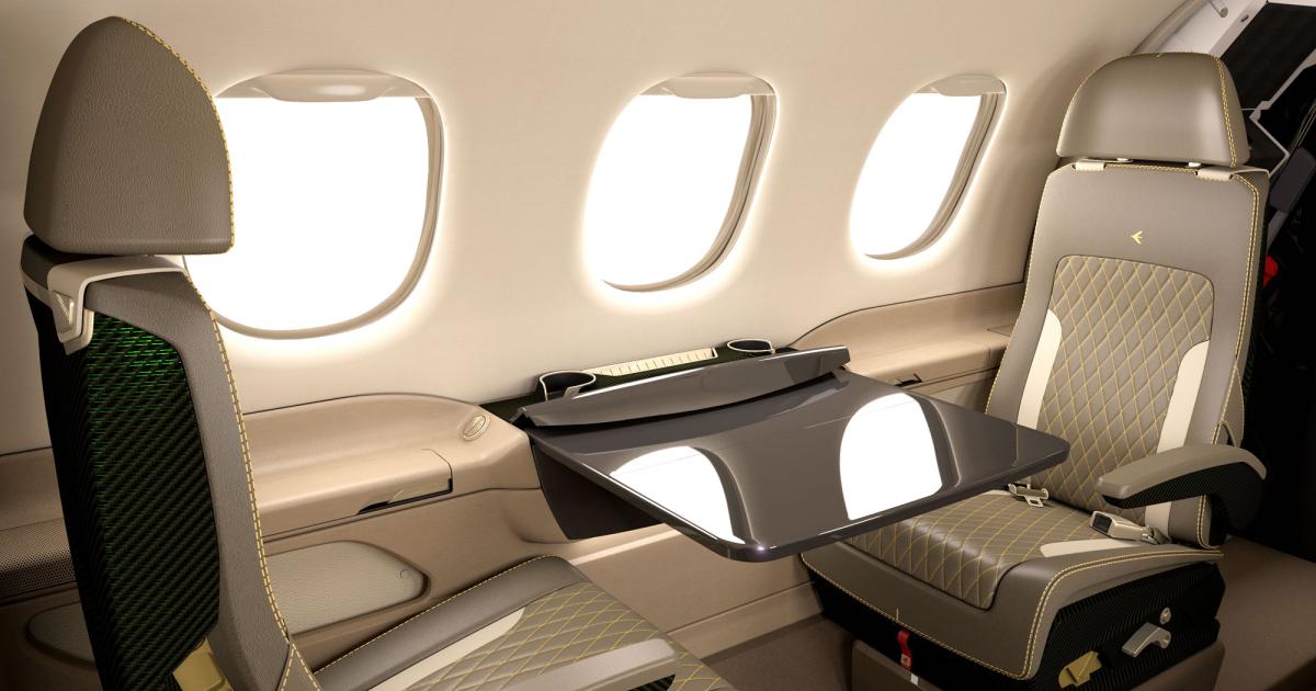 Embraer's Ace cabin upgrade for Phenom 100s includes lighter seats inspired by structures with visible exoskeletons that reveal “peeks” of exposed frame, highlighting their strength and functionality. Interior monuments such as drawers and cabinets will be replaced with lighter carbon-fiber versions. (Photo: Embraer Executive Jets)