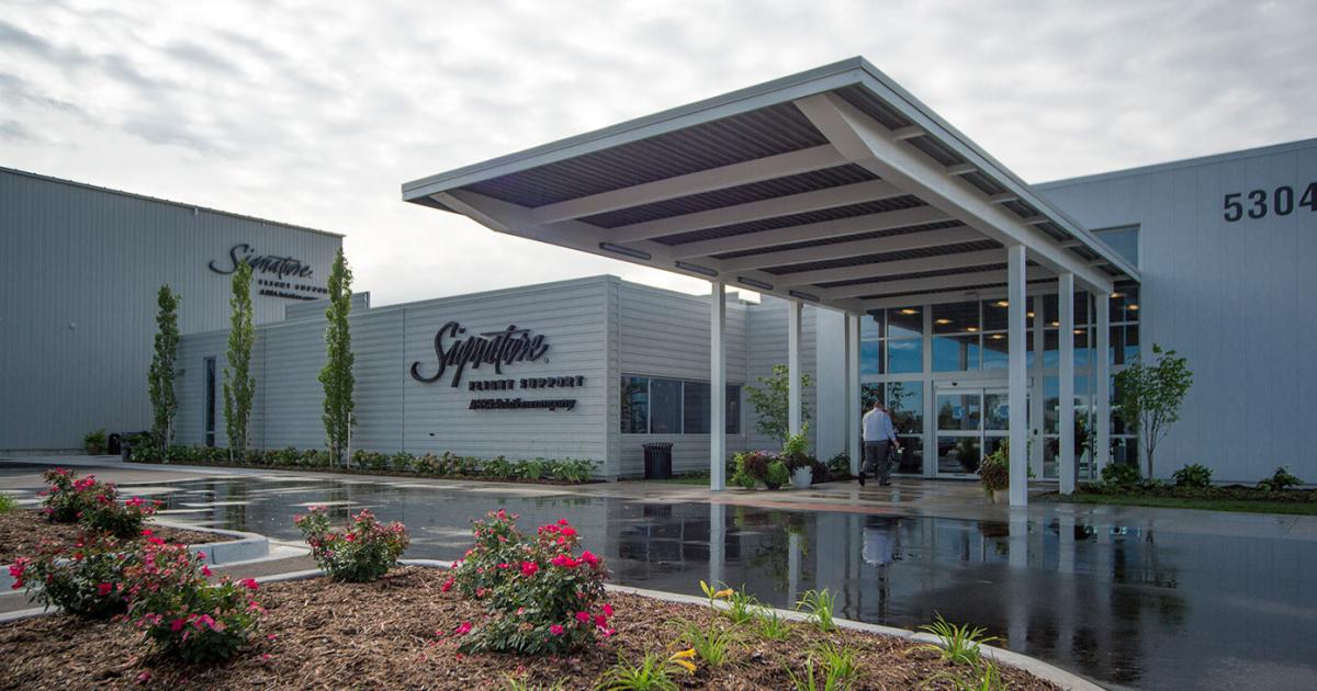 Signature's new FBO terminal at Gerald R. Ford International Airport in Grand Rapids, Mich. features a street side arrival/departure canopy to protect customers from the elements.