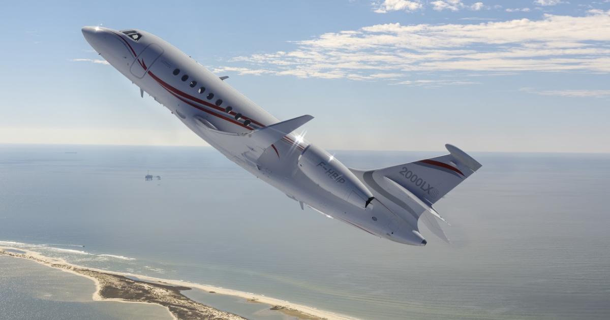 Flight activity of large-cabin business jets, such as this Dassault Falcon 2000XLS, soared above that of the other business turboprop and jet categories in the first half in the U.S. and Canada, according to data from Argus. This category climbed 5 percent year-over-year in terms of hours flown, said Argus. (Photo: Dassault Falcon)