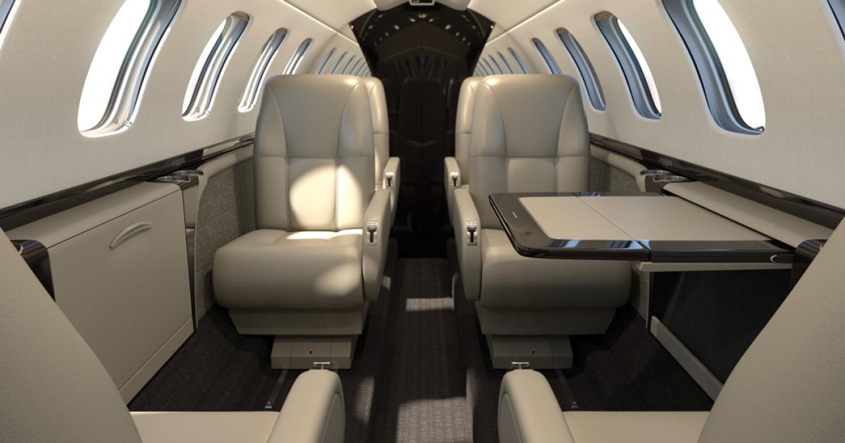 Five interior refurbishment designs for owner-flown Cessna Citation CJ3s from Duncan Aviation feature light upper fuselages with darker lower sidewalls and carpeting that expand "the feel of the cabin,” the company said. This is Duncan's "Aurora" design, which is one of the neutral tone options. (Photo: Duncan Aviation)