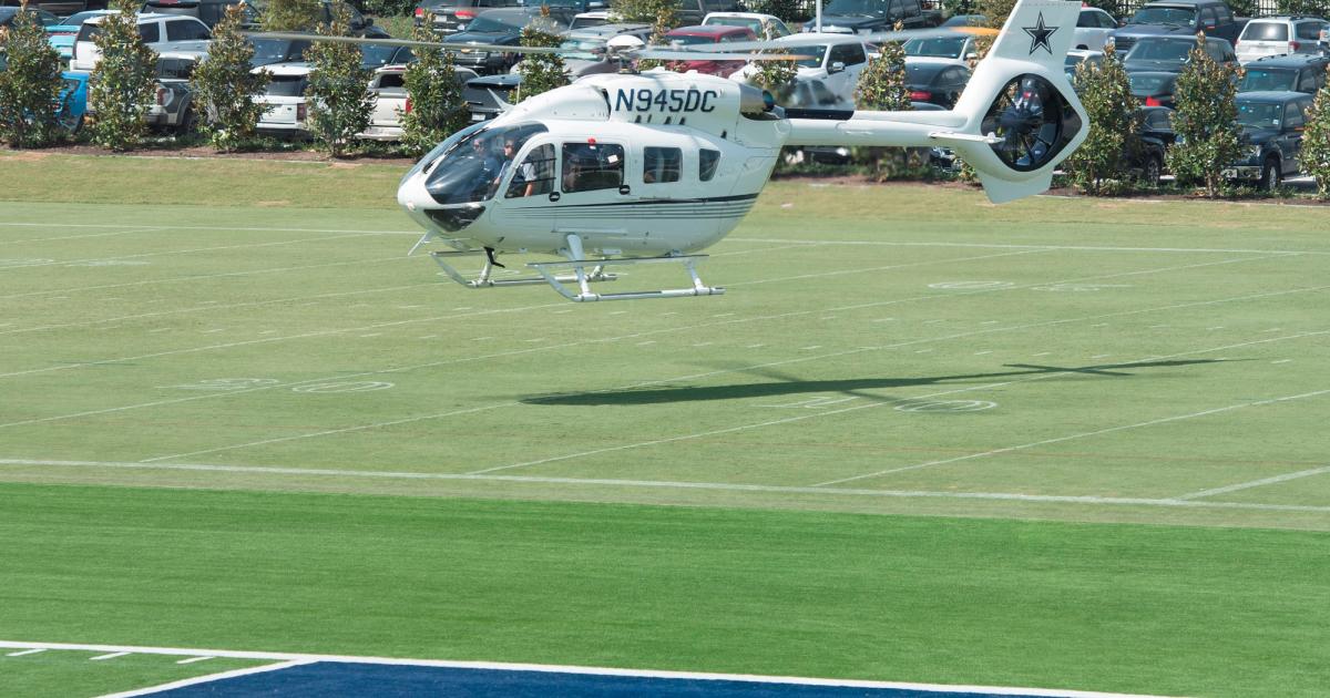 Dallas Cowboys owner Jerry Jones's new medium twin Airbus H145 is painted in team livery, including the Cowboys’ signature blue star on the top of the vertical stabilizer. (Photo: Airbus Helicopters)