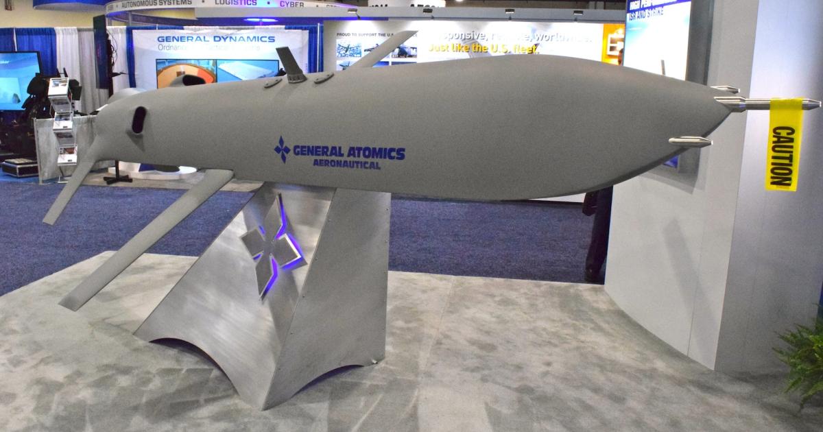 General Atomics exhibited a fullscale model of its 700-pound SUAS concept vehicle at AFA conference. (Photo: Bill Carey)
